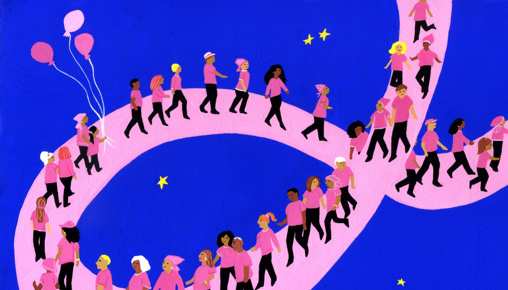 A breast cancer walk along a pink ribbon