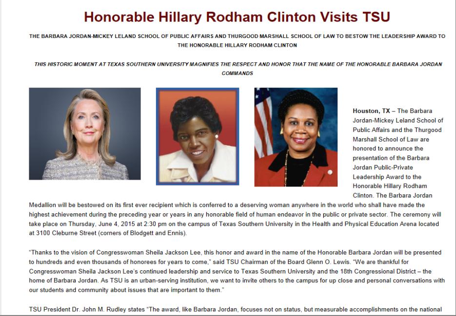 HILLARY CLINTON RECEIVES BARBARA JORDAN LEADERSHIP AWARD