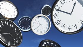 Variety of flying clocks with different time
