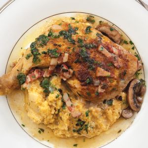 Grits with Braised Chicken and Crushed Herbs