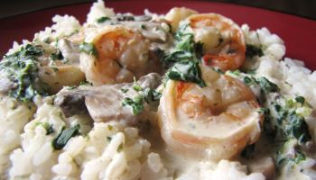Shrimp with Mushrooms and Spinach in a Creamy Herb and White Wine Sauce
