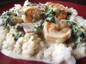 Shrimp with Mushrooms and Spinach in a Creamy Herb and White Wine Sauce