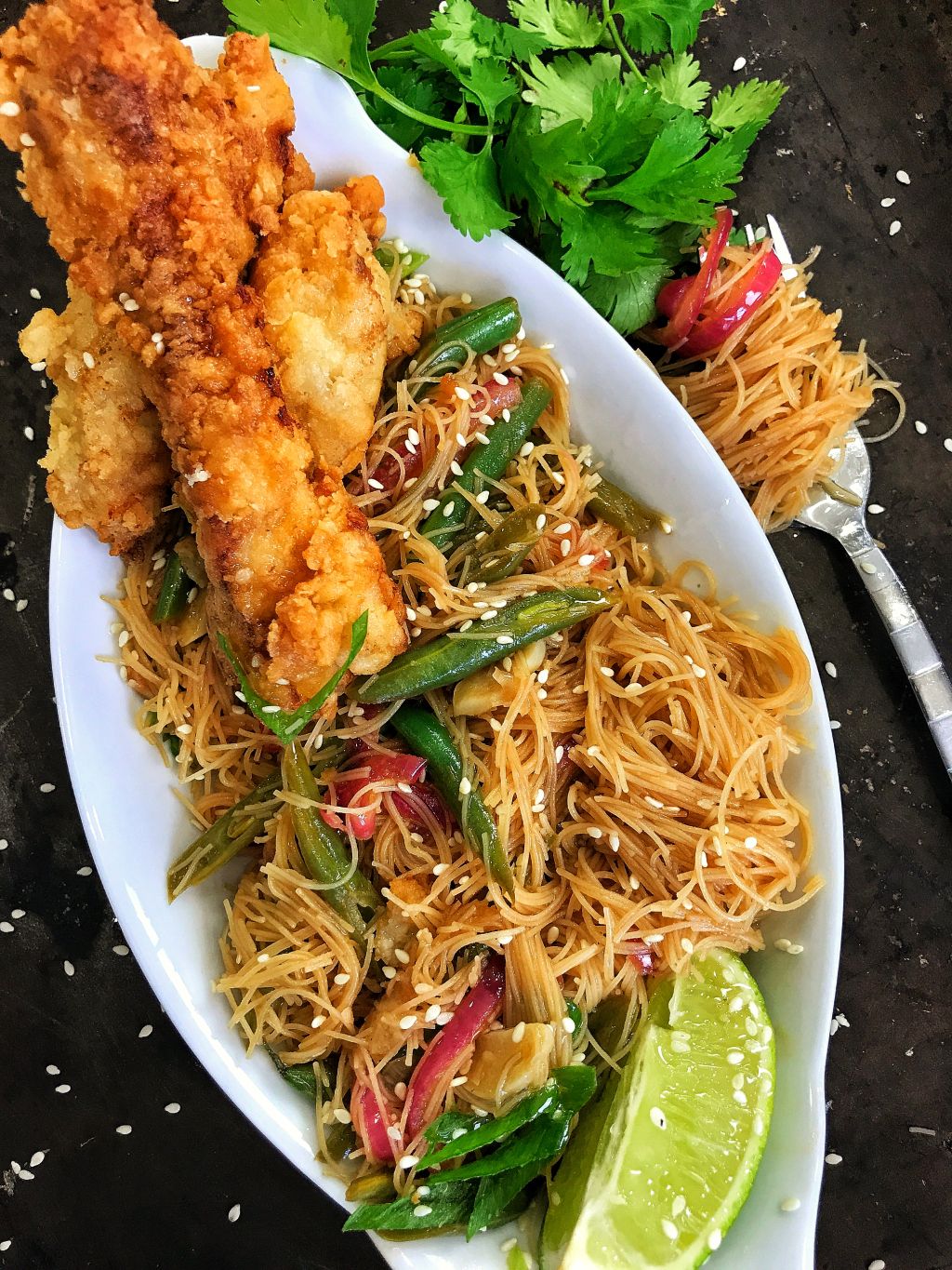 Fried Pork Chop Thai Noodle Bowl