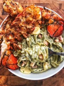 Garlic Pancetta Pasta with Grilled Lobster