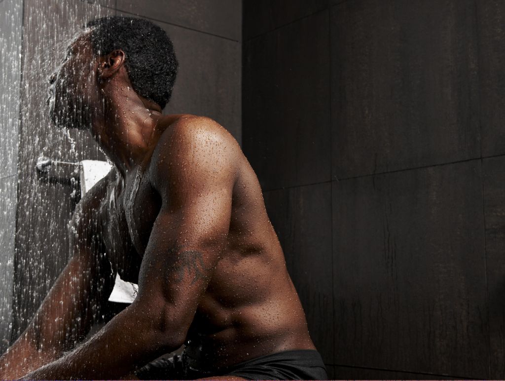 African-American man showering