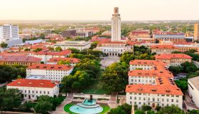 University of Texas (UT) Austin campus at sunset aerial view