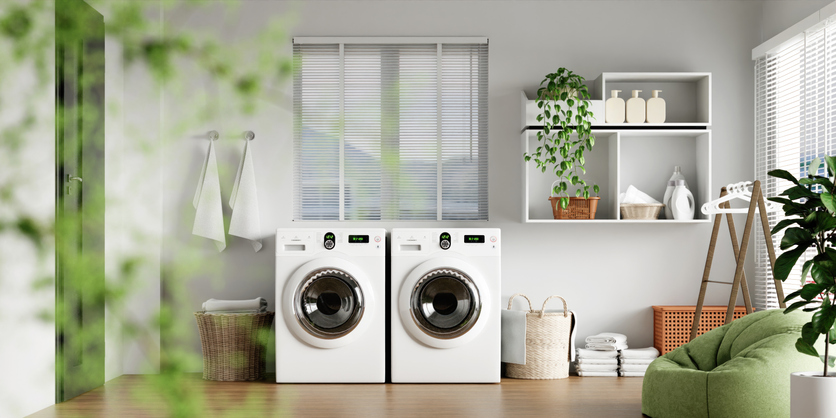 Stylish home laundry setup with efficient washing machines. 3D render illustration