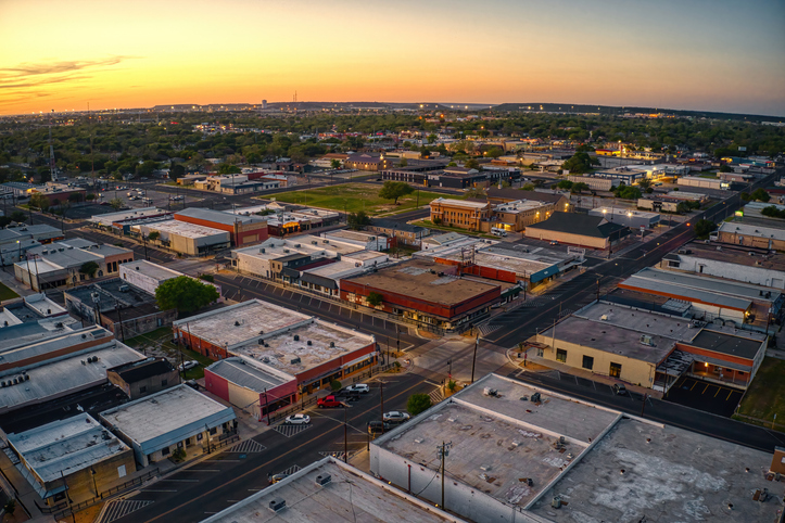 Aerial View of Downtown Killeen, Texas at Sunset in Spring