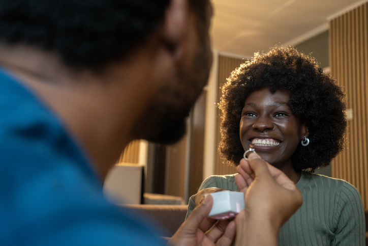 Man giving engagement ring to partner during romantic date.