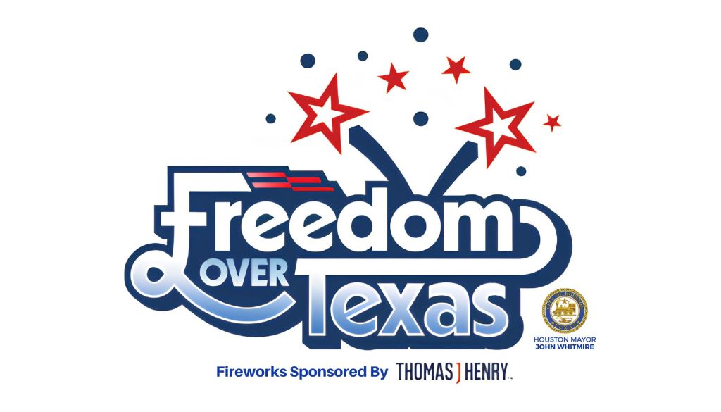 Fireworks display with red and blue stars over text "Freedom over Texas" sponsored by Thomas J Henry.