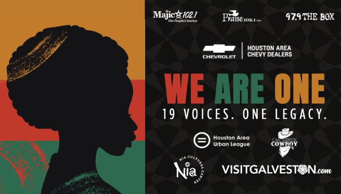 A silhouetted profile of a person with an afro hairstyle against an orange and red background. The text reads "WE ARE ONE 19 VOICES. ONE LEGACY." and includes logos for Houston Area Chevrolet Dealers, Cowboy, and VisitGalveston.com.