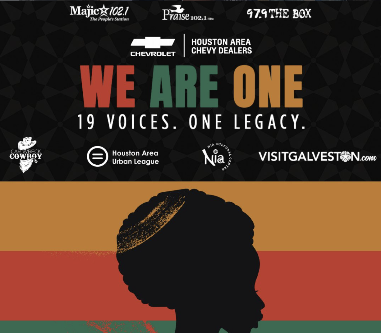 A silhouetted profile of a person's head against a colorful background. The text reads "WE ARE ONE 19 VOICES. ONE LEGACY." and includes logos for Chevrolet, Houston Area Chevy Dealers, Houston Area Urban League, Nia Creative, and Visitgalveston.com.