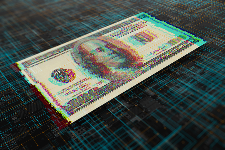 100 Dollar Bill with Glitch Effect on Cyber Data Grid Background