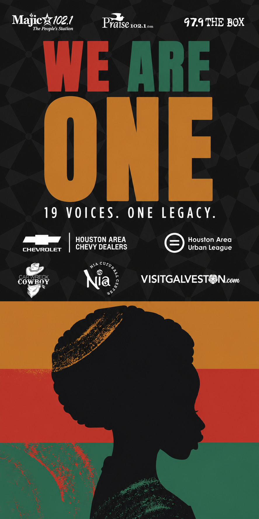 Silhouette of a person's head against a colorful background. Text reads "WE ARE ONE 19 VOICES. ONE LEGACY." with logos for various Houston-area organizations.