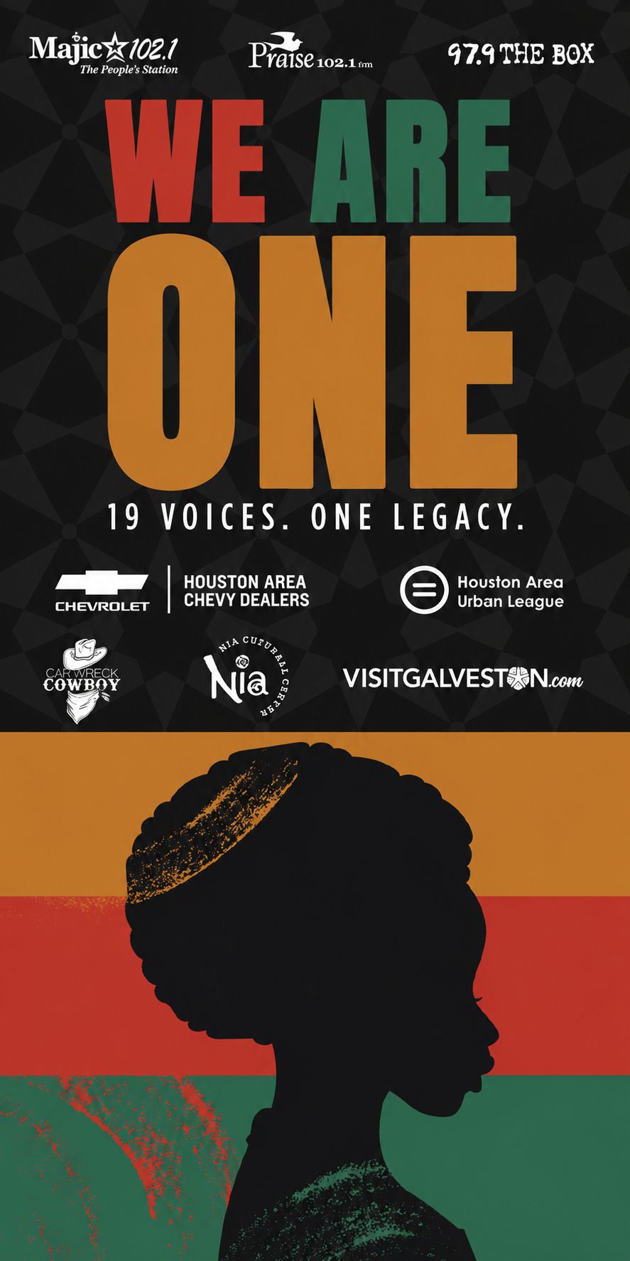 Silhouette of a person's head against a colorful background. Text reads "WE ARE ONE 19 VOICES. ONE LEGACY." with logos for various Houston-area organizations.