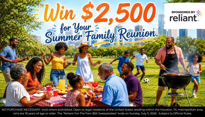 A family reunion picnic in a park, with people grilling, playing soccer, and enjoying a meal together. The image is sponsored by Reliant.