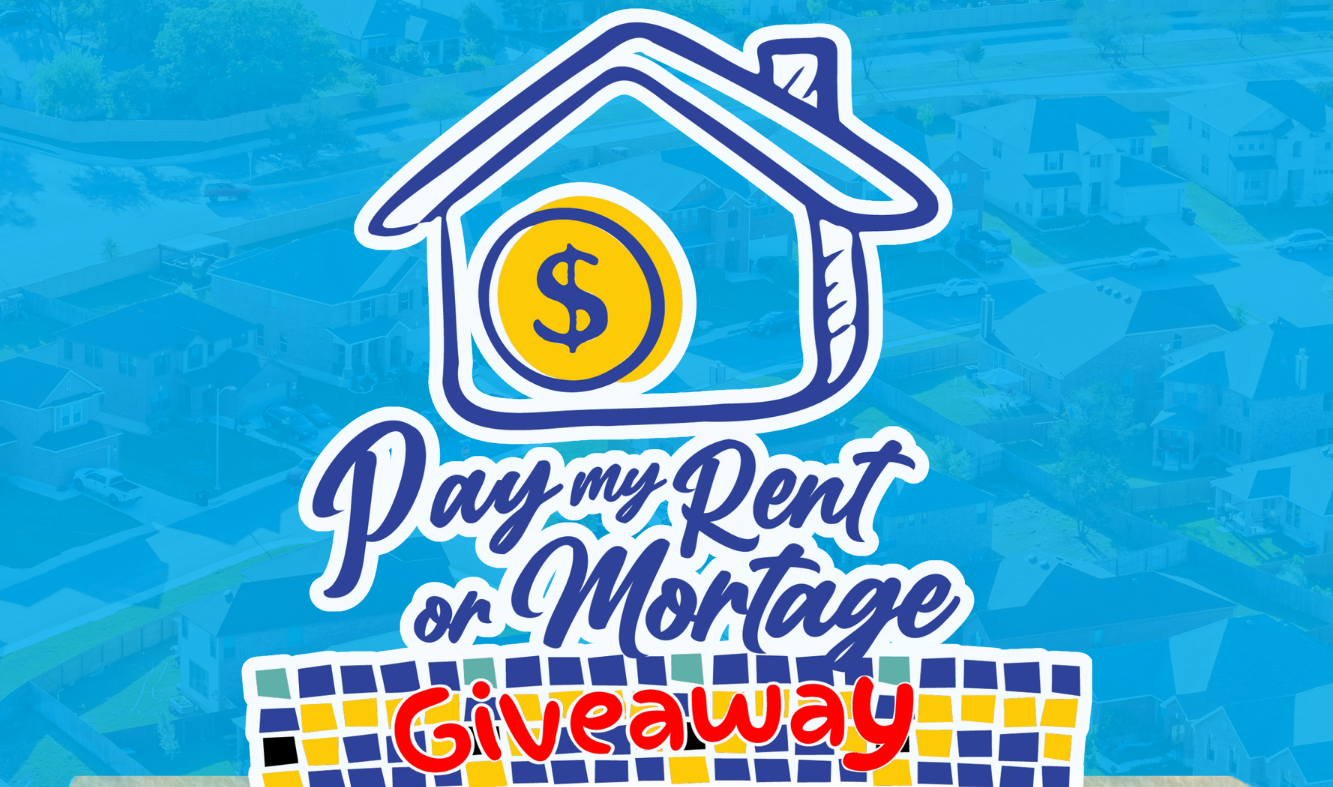 A blue-themed image promoting a "Pay my Rent or Mortgage Giveaway" by a law firm, offering up to $1,500 toward 5 winners' housing costs. The image includes a QR code to register for the giveaway.