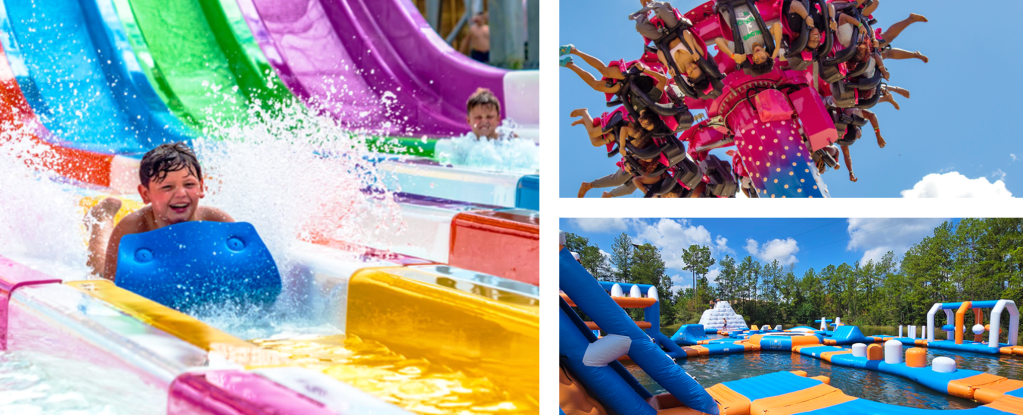 A boy slides down a colorful water slide at a water park, surrounded by other water attractions. A roller coaster ride with bright pink and yellow cars is visible in the background.