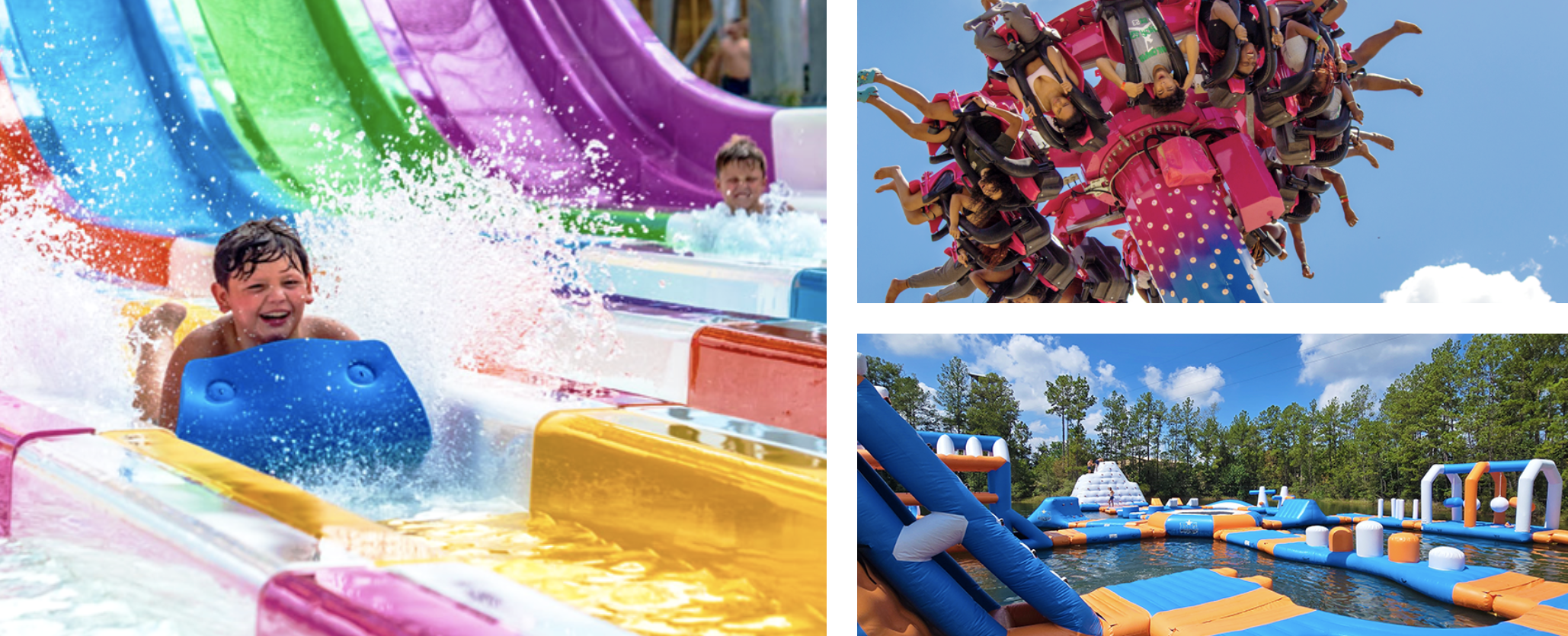 Colorful water slides and inflatable structures at an amusement park, with a person riding down one of the slides.