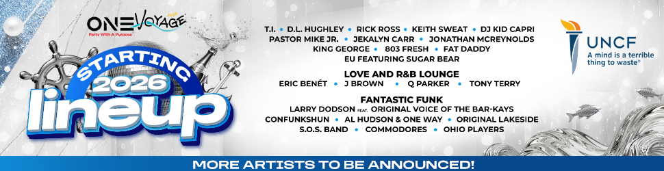 One Voyage music festival lineup poster featuring artists like T.I., D.L. Hughley, Rick Ross, Keith Sweat, DJ Kid Capri, and more, starting in 2026.