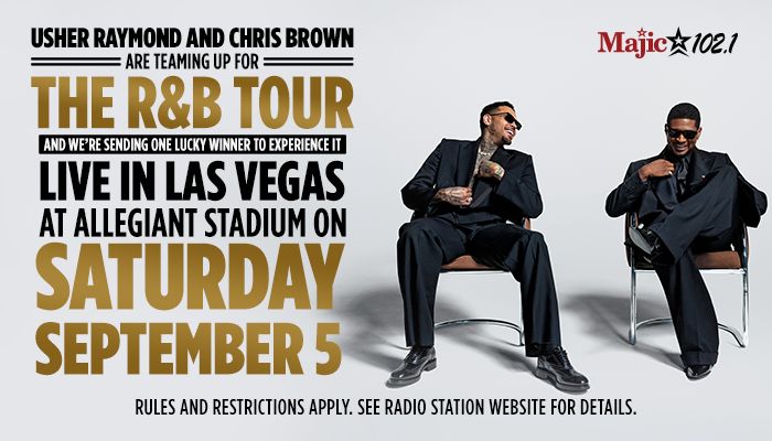 Usher Raymond and Chris Brown seated in chairs, promoting "The R&B Tour" live in Las Vegas at Allegiant Stadium on Saturday, September 5.