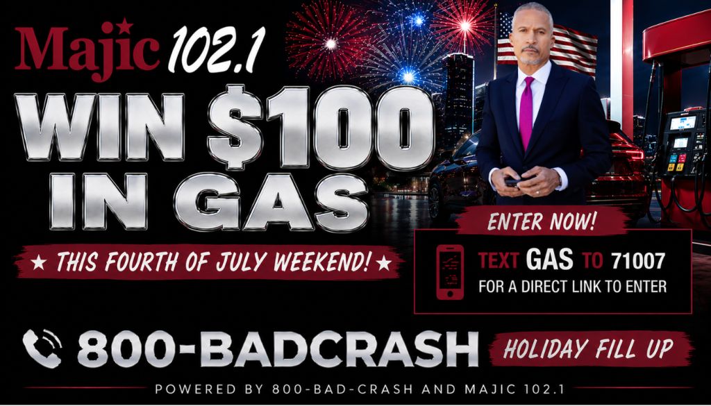 Majic 102.1 "Win $100 in Gas" promotion with fireworks display and news anchor in studio.