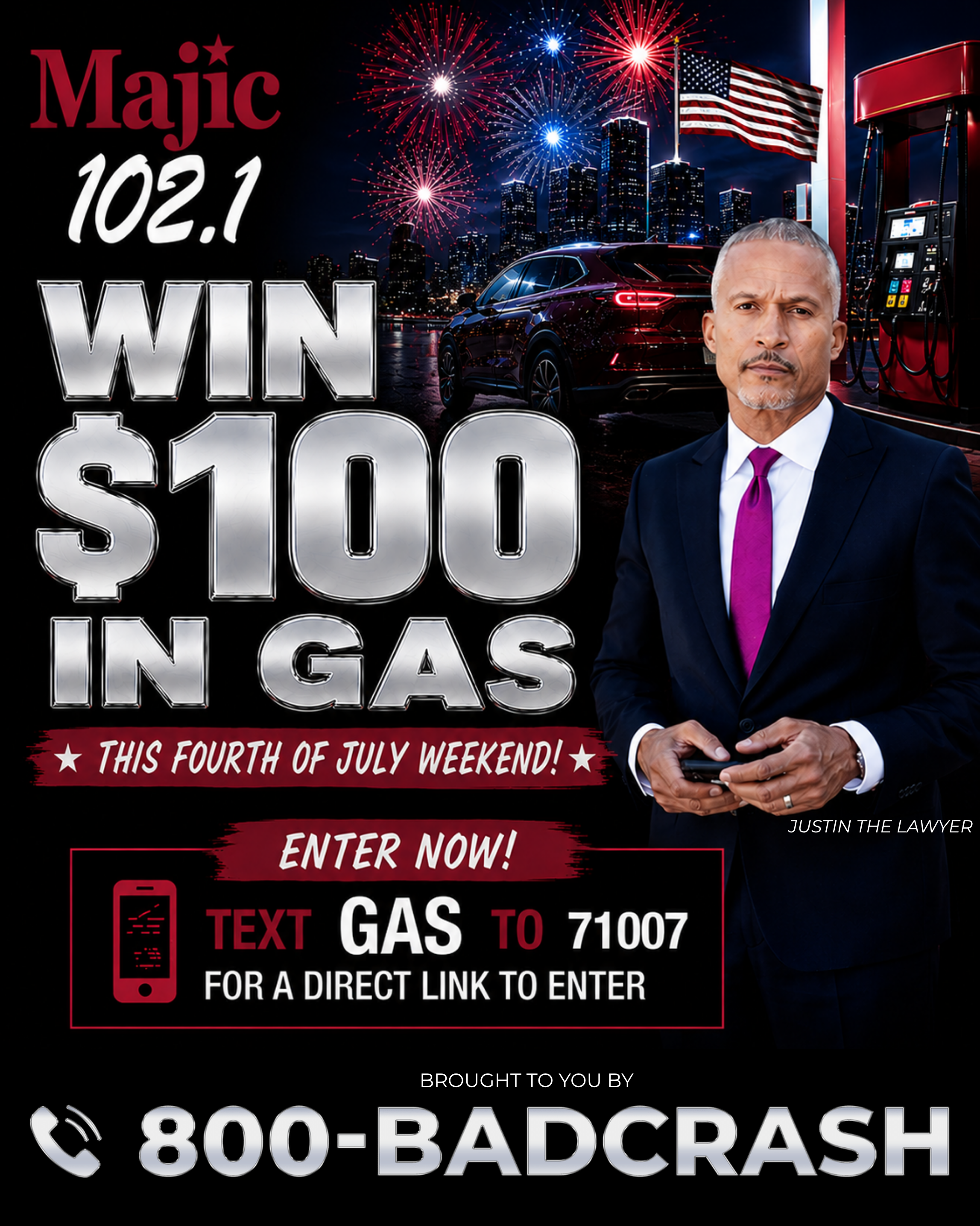 Fireworks display over a city skyline at night. A man in a suit stands in front of the scene, holding a mobile device. Text promotes a gas giveaway contest with instructions to text "GAS" to 71007.