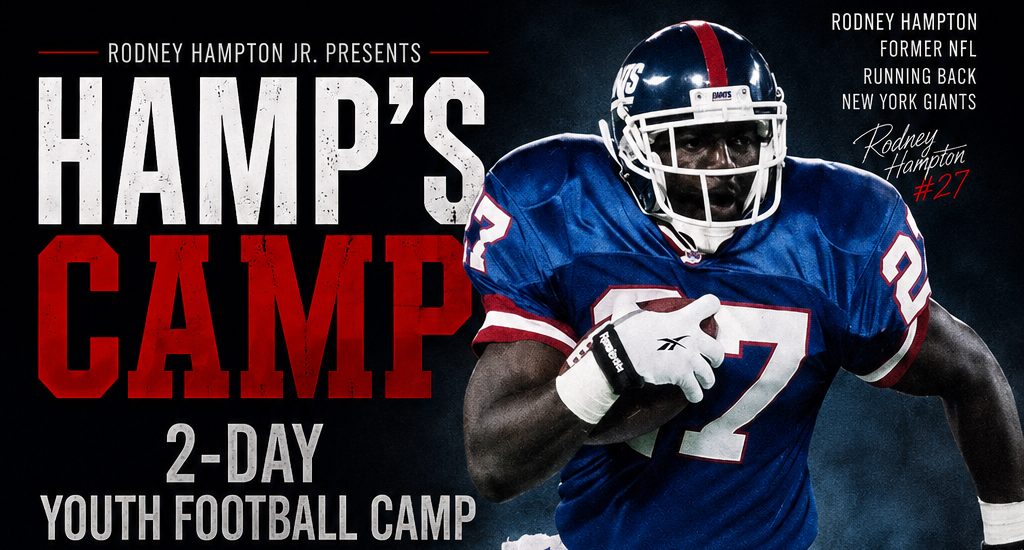 A former NFL running back wearing a blue and red football uniform stands with the ball, promoting a 2-day youth football camp on July 30-31 at Kashmere High School in Houston, TX.