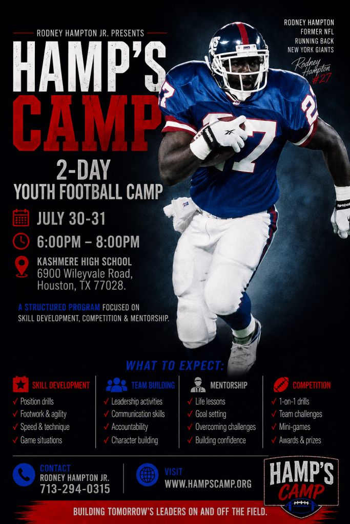 A former NFL running back wearing a blue and red football uniform stands with the ball, promoting a 2-day youth football camp on July 30-31 at Kashmere High School in Houston, TX.