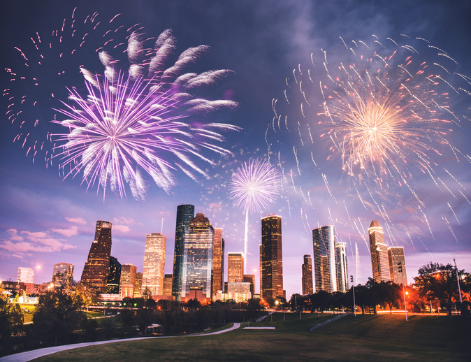 fireworks in houston with the skyline