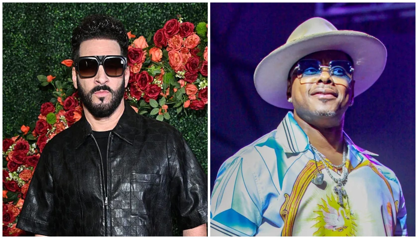 Two images side-by-side: a man in a black leather jacket with sunglasses standing in front of red roses, and a man in a white cowboy hat and colorful shirt performing on stage.