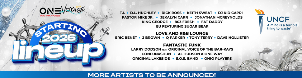 One Voyage music festival poster featuring lineup of artists performing in 2026, including DJ Kid Capri, Rick Ross, Keith Sweat, and others.