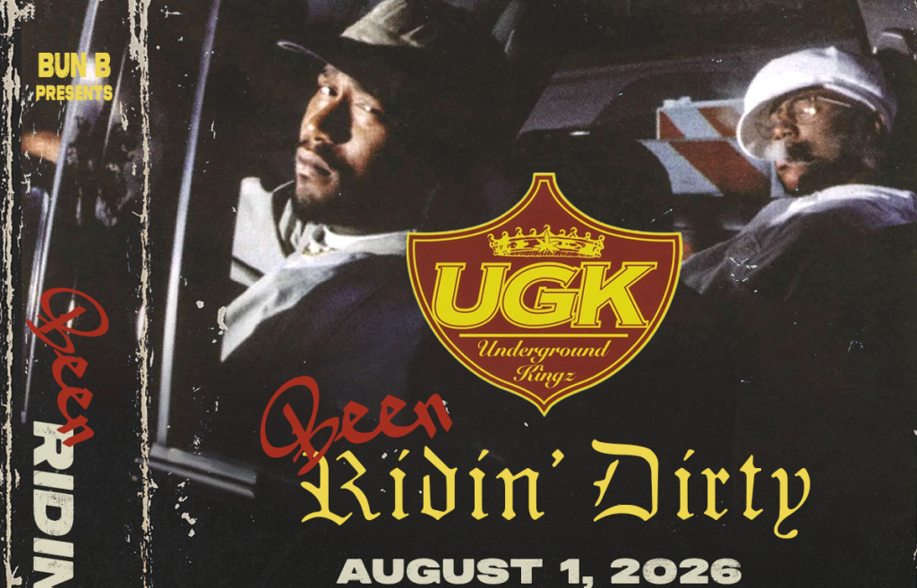 Vintage-style concert poster for "Ridin' Dirty" event on August 1, 2026 in Sugar Land, TX, featuring performances by Bun B, Lil' Keke, Big K.R.I.T., and Slim Thug, with David Banner, 8 Ball & MJG, and Les also announced.