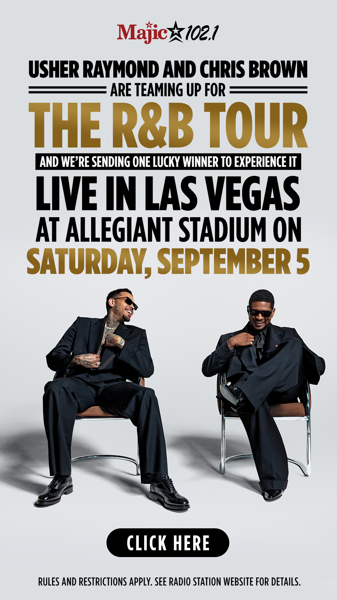 Usher Raymond and Chris Brown seated in suits, promoting "The R&B Tour" at Allegiant Stadium in Las Vegas on September 5.