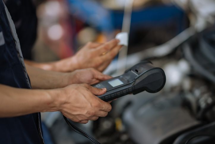 close up of mechanic using digital battery analyzer during professional vehicle maintenance