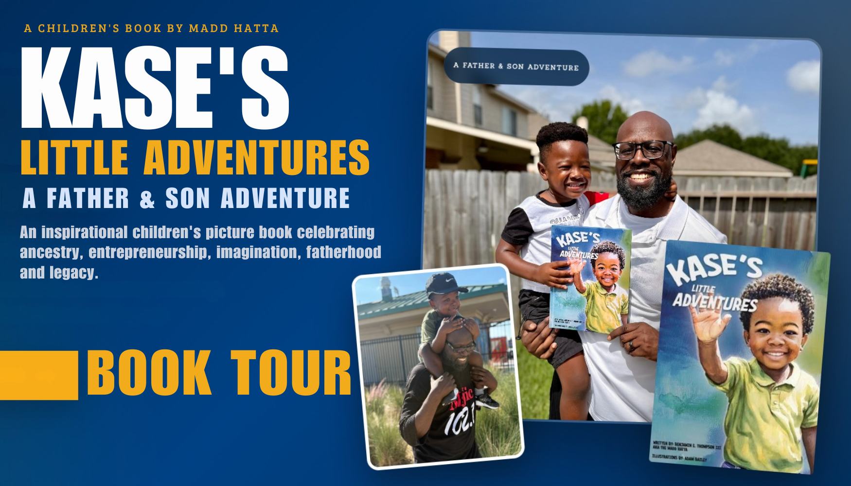 A father and son standing together, holding a children's book titled "Kase's Little Adventures: A Father & Son Adventure". The book cover features the father and son smiling.