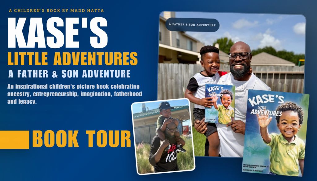 A father and son standing together, holding a children's book titled "Kase's Little Adventures: A Father & Son Adventure". The book cover features the father and son smiling.