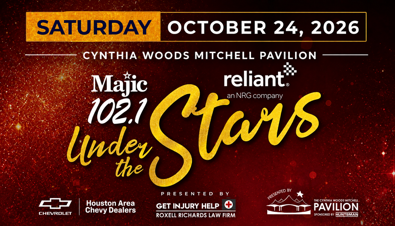 Poster for "Magic 102.1 Under the Stars" concert event on October 24, 2026 at Cynthia Woods Mitchell Pavilion, presented by Reliant, an NRG company, and Houston Area Chevy Dealers.