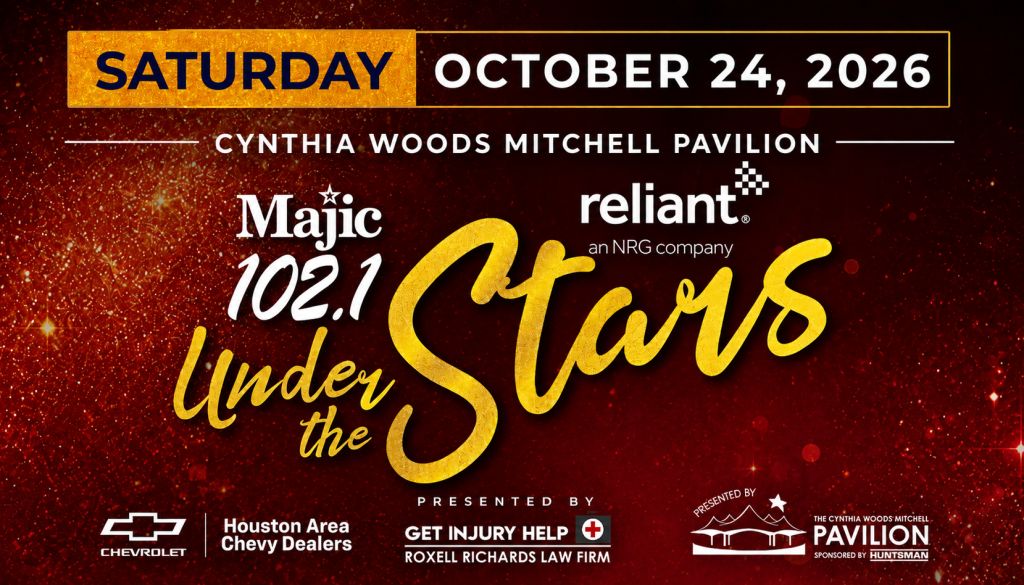 Poster for "Magic 102.1 Under the Stars" concert event on October 24, 2026 at Cynthia Woods Mitchell Pavilion, presented by Reliant, an NRG company, and Houston Area Chevy Dealers.