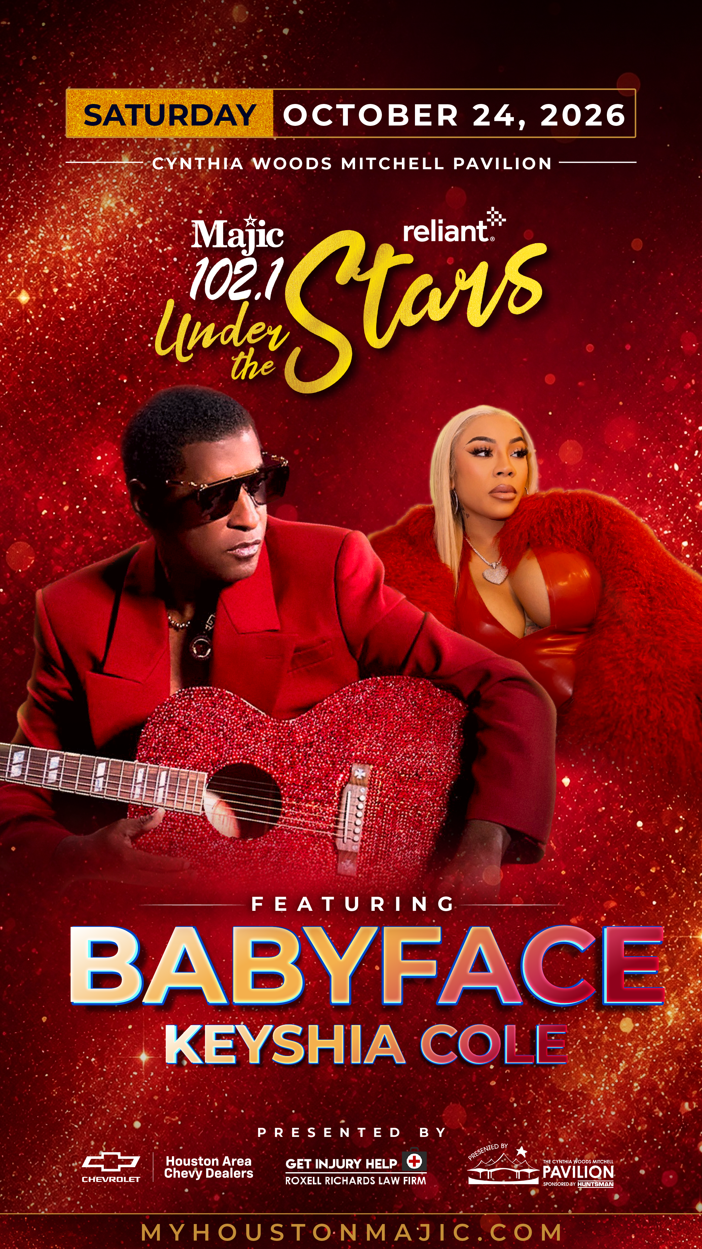 A concert poster featuring two musicians, a man in a red suit playing a guitar and a woman in a red dress, with the text "Majic 102.1 Under the Stars" and the event details.