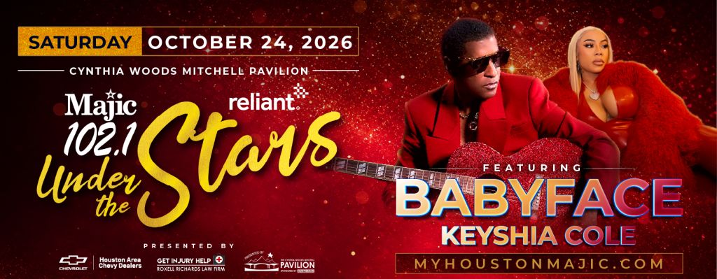 Promotional poster for a concert event featuring Babyface and Keyshia Cole, presented by Majic 102.1 radio station and Reliant. The poster displays the event details and performers' images.