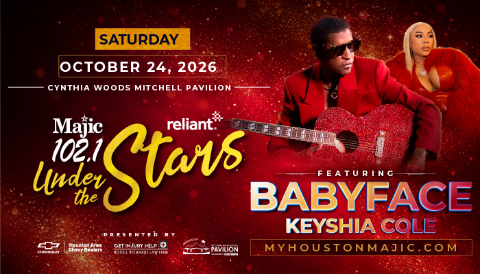 A concert poster featuring a man in a red suit playing a guitar, with a woman in a red dress standing next to him. The text reads "Majic 102.1 Under the Stars" and lists the performers as "BABYFACE" and "KEYSHIA COLE".