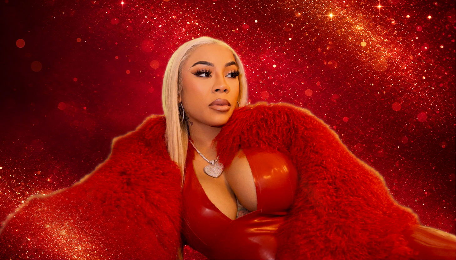 A woman with blonde hair wearing a red furry coat and red dress posing against a sparkling red background.