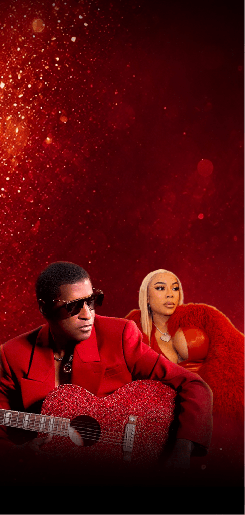 Two people in red outfits, one playing a guitar, against a red sparkly background.