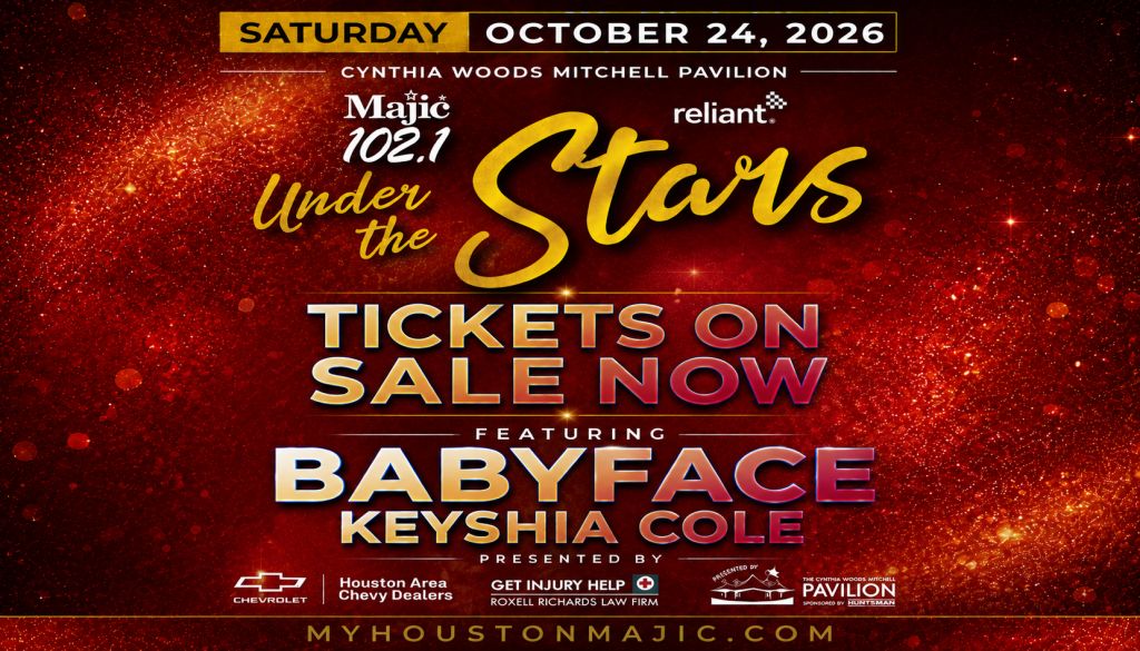 Poster for "Under the Stars" concert event on October 24, 2026 featuring Babyface and Keyshia Cole, presented by Majic 102.1 radio and Reliant.
