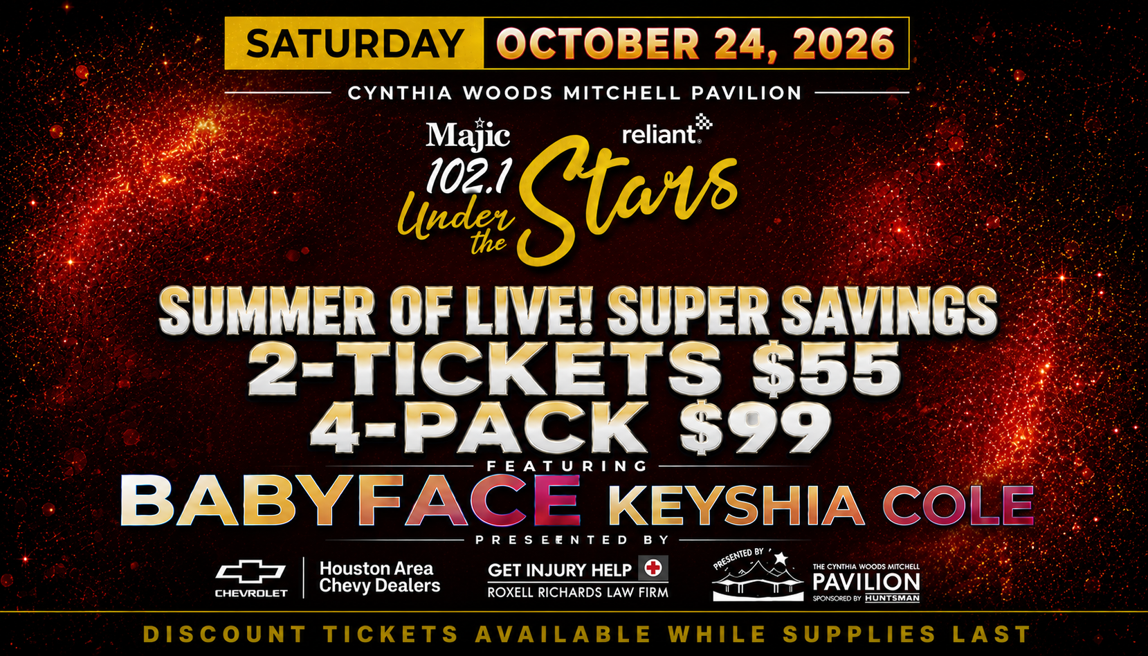 Poster advertising a concert event on October 24, 2026 at the Cynthia Woods Mitchell Pavilion, featuring Majic 102.1 radio station's "Under the Stars" summer concert series with Babyface and Keyshia Cole. Includes ticket pricing and sponsor information.