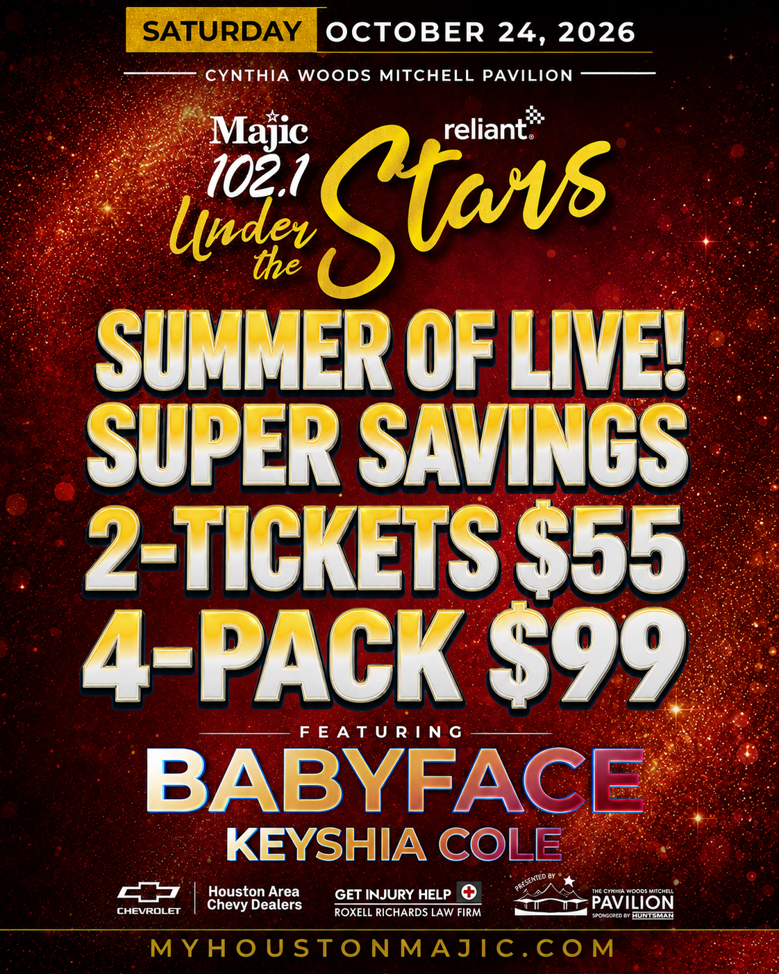 Promotional poster for a "Summer of Live! Super Savings" event featuring Babyface and Keyshia Cole, presented by Magic 102.1 radio station and sponsored by Chevrolet and Roxell Richards Law Firm.