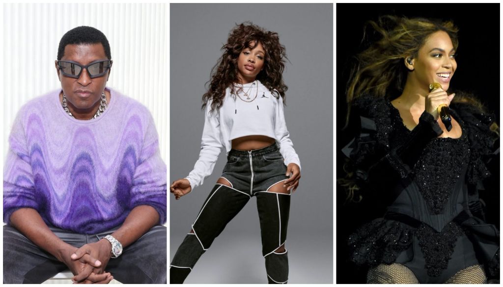 Three images of Black entertainers: a man in a purple sweater, a woman with curly hair in a white crop top, and a woman singing on stage in a black outfit.
